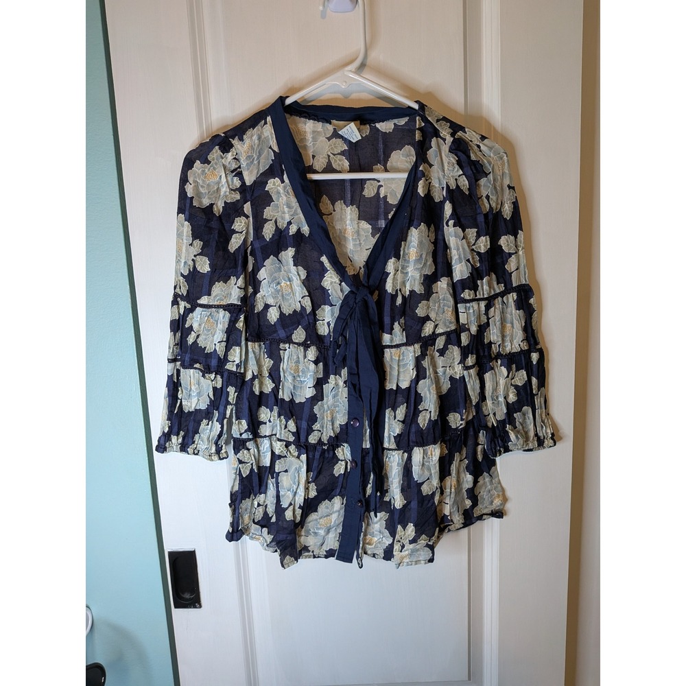 Odille Anthropologie Navy Floral Tiered Babydoll Blouse Tie Front Size 2